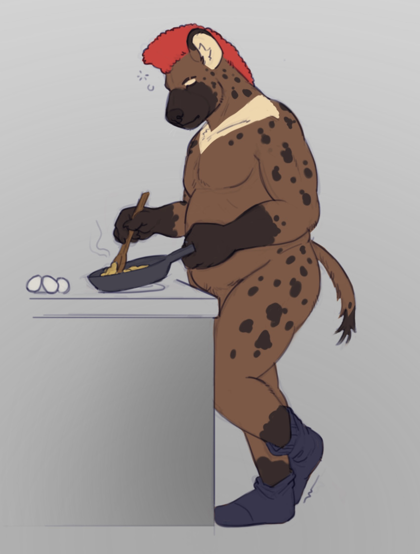 anthro appliance breakfast brown_body brown_fur chubby_male clothing cooking cookware crescent_moon cryptidcoyote egg facial_scar footwear footwear_only frohawk frying_pan fur hi_res hyaenid hybrid kitchen_utensils male mammal moon mostly_nude mr.hakkai nude scar socks socks_only solo spots spotted_body spotted_fur stove tired tools ursid