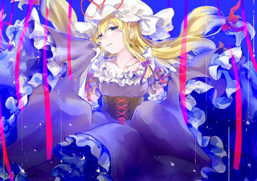 1girl alternate_eye_color bangs blonde_hair blush breasts clothes_lift collarbone commentary corset darkness dress dress_lift floating floating_hair frilled_dress frills gradient hair_between_eyes hair_ribbon half-closed_eyes hat hat_ribbon highres light_particles light_smile long_hair looking_at_viewer mob_cap noraka parted_lips petticoat puffy_short_sleeves puffy_sleeves purple_dress purple_ribbon red_ribbon ribbon short_sleeves sidelocks sideways_glance solo sparkle texture touhou tress_ribbon twitter_username very_long_hair white_headwear yakumo_yukari