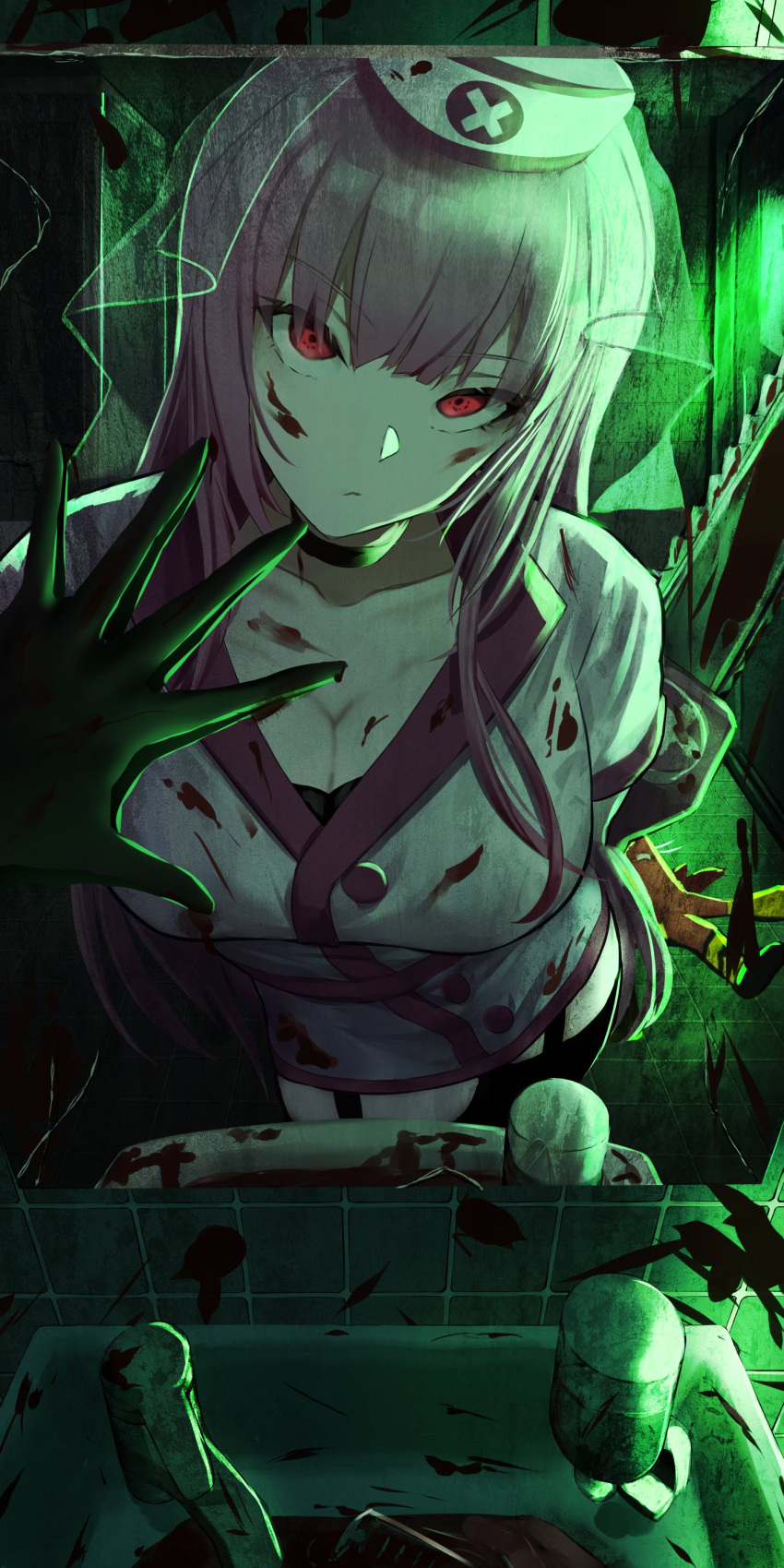 absurdres bangs black_gloves blood blood_on_clothes blood_on_face breasts chainsaw choker cleavage closed_mouth collarbone commentary dress faucet garter_straps gloves hand_on_mirror hat highres holding holding_chainsaw hololive hololive_english large_breasts leaning_forward leaning_to_the_side long_hair looking_at_viewer mirror mori_calliope nu_(naoyahirota61217010) nurse_cap pink_hair red_eyes reflection sink solo_focus symbol-only_commentary thighhighs tile_floor tile_wall tiles virtual_youtuber white_dress