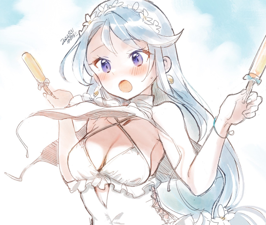 1girl artist_name asymmetrical_bangs bangs breasts casual_one-piece_swimsuit cleavage commentary_request crop_top dated flower food frilled_swimsuit frills hair_flower hair_ornament hairband highres kantai_collection kirisawa_juuzou light_blue_hair long_hair low-tied_long_hair medium_breasts official_alternate_costume one-piece_swimsuit open_mouth popsicle purple_eyes sagiri_(kancolle) shawl side-tie_shirt side-tie_swimsuit solo swept_bangs swimsuit turtleneck upper_body white_shawl white_swimsuit