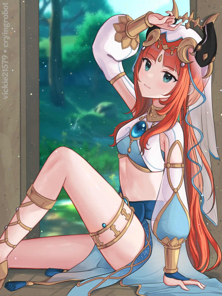 1girl arm_up bangs blue_eyes blue_skirt blue_sky breasts brooch commentary crop_top day genshin_impact highres horns jewelry knee_up long_hair long_sleeves looking_at_viewer midriff nilou_(genshin_impact) red_hair sitting skirt sky small_breasts smile solo stomach thighlet veil very_long_hair vickie_(cryingrobot)
