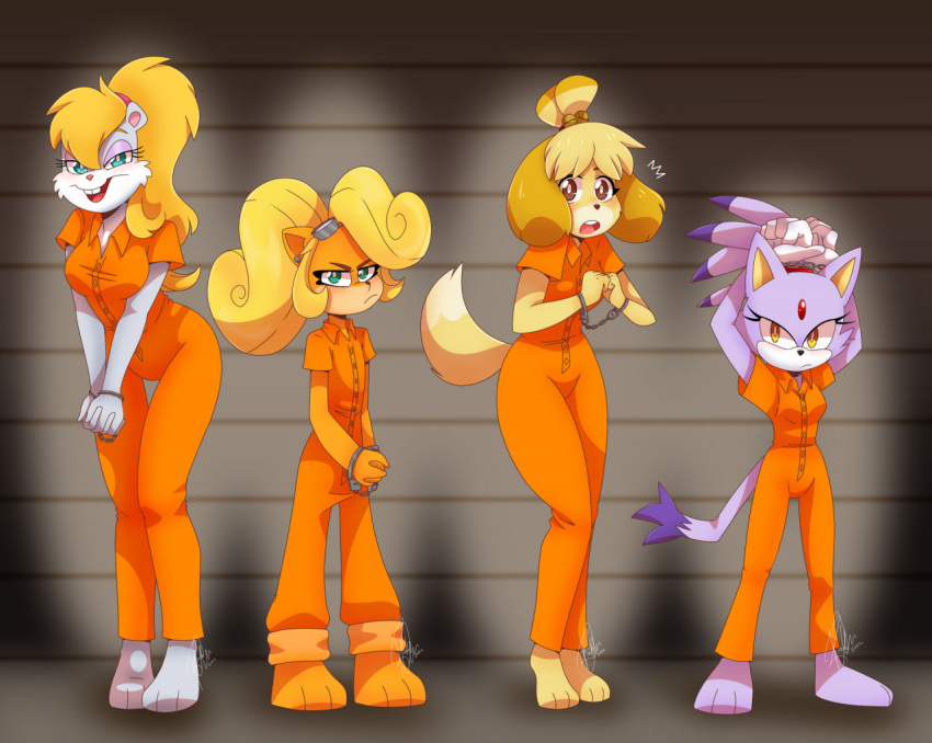 activision animal_crossing anthro berri blaze_the_cat blush bodily_fluids coco_bandicoot conker's_bad_fur_day crash_bandicoot_(series) crossover cuff_(restraint) female female/female group handcuffs isabelle_(animal_crossing) metal_cuffs nervous nintendo paws prison rareware restraints rick-elfen sega sonic_the_hedgehog_(series) sweat video_games