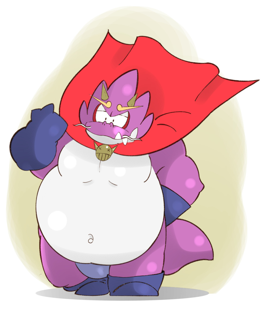 2022 absurd_res anthro belly big_belly bulge cape clothing hi_res kemono m2vcjtad5hsdvla male moobs navel overweight overweight_male purple_body simple_background solo underwear unknown_species