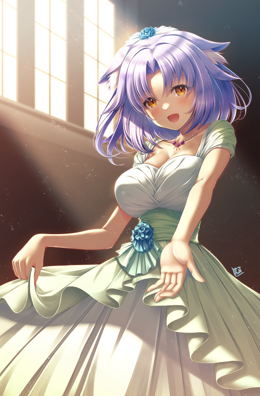 1girl :d absurdres animal_ear_fluff animal_ears bare_arms blush breasts bridal_veil cat_ears cat_girl cat_tail cinnamon_(nekopara) cleavage collarbone commentary_request dress flower gloves green_dress hair_flower hair_ornament highres indoors jewelry kamishiro_mai_(capti-no) large_breasts long_hair looking_at_viewer medium_hair necklace nekopara open_mouth outstretched_arm purple_hair reaching_out skirt_hold smile solo tail underbust veil wedding_dress white_dress yellow_eyes