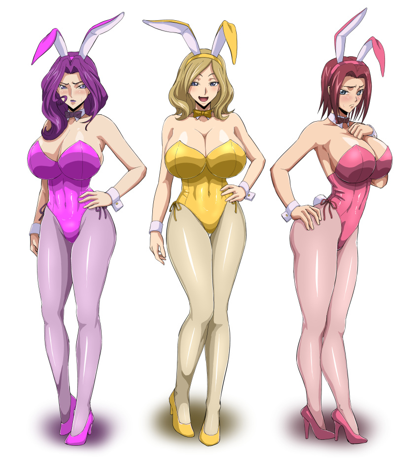 absurdres animal_ears blonde_hair blush bow bowtie breasts cleavage code_geass cornelia_li_britannia fake_animal_ears high_heels highres iwao178 kallen_stadtfeld large_breasts milly_ashford playboy_bunny purple_hair rabbit_ears rabbit_tail red_hair short_hair tail wrist_cuffs