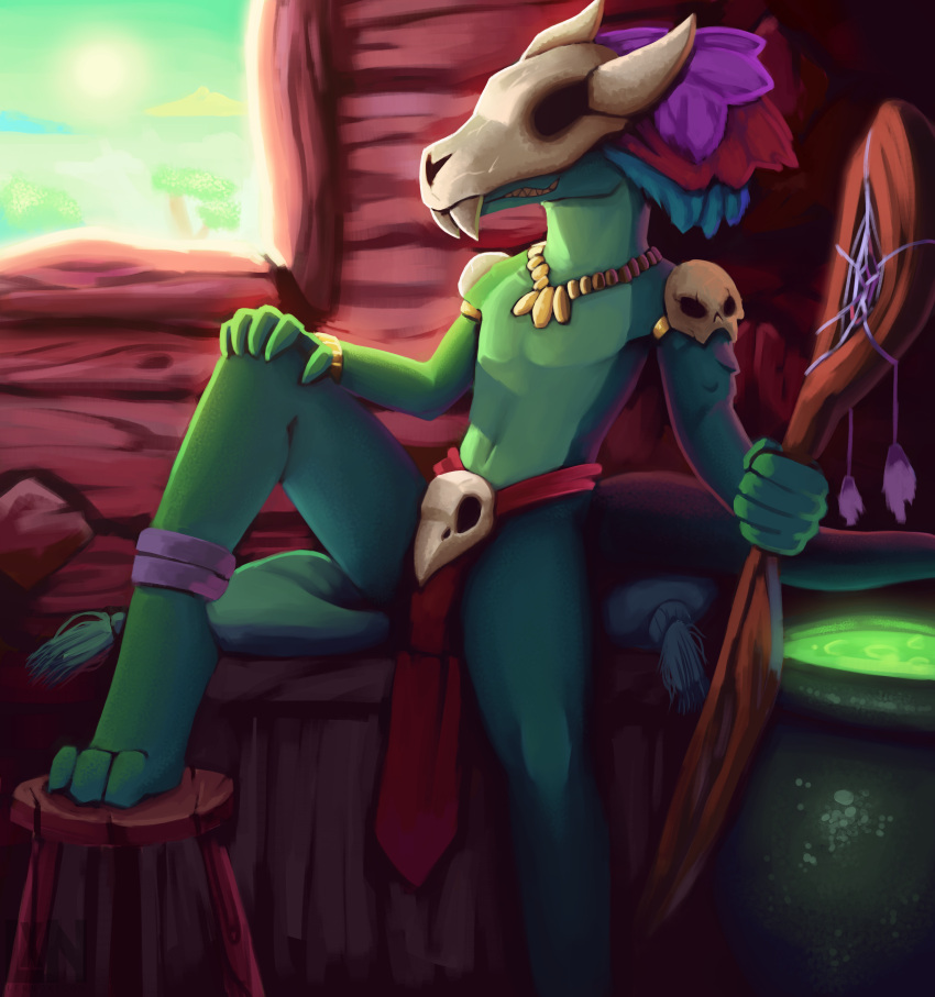 2022 absurd_res anthro bone clothed clothing digital_media_(artwork) green_body grin hi_res humanoid inside lennoxicon lihzahrd lizard male mask navel reptile scalie sitting skull skull_mask smile solo terraria video_games witch_doctor_(terraria)