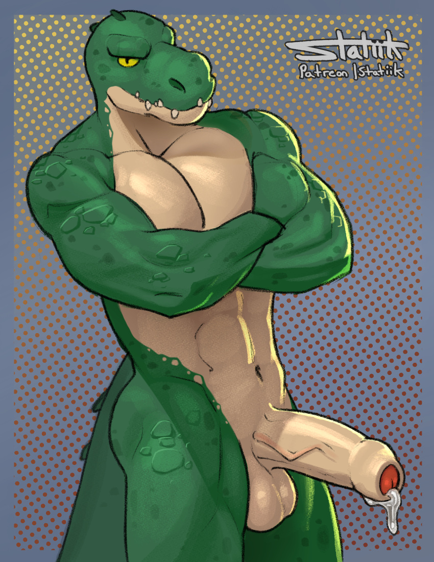 abs anthro athletic athletic_anthro balls big_muscles big_penis biped bodily_fluids bodily_fluids_drip crocodile crocodilian crocodylid crossed_arms cum cum_on_penis dripping erection foreskin genital_fluids genitals glans green_body green_scales helm_(connivingrat) hi_res huge_muscles looking_at_viewer male male_focus muscular muscular_anthro muscular_arms muscular_male nude pecs penis pinup pose presenting presenting_penis red_glans reptile scales scalie sharp_teeth solo standing statiik_(artist) tan_body tan_skin teeth teeth_showing teeth_visible vein veiny_penis