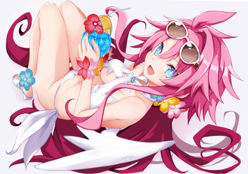 1girl angel_wings artina_(disgaea) bare_legs bikini black_bikini blue_eyes blush breasts disgaea eyewear_on_head hair_intakes iwashi_dorobou_-r- long_hair looking_at_viewer makai_senki_disgaea_4 medium_breasts navel pink_hair sidelocks smile solo sunglasses swimsuit wings