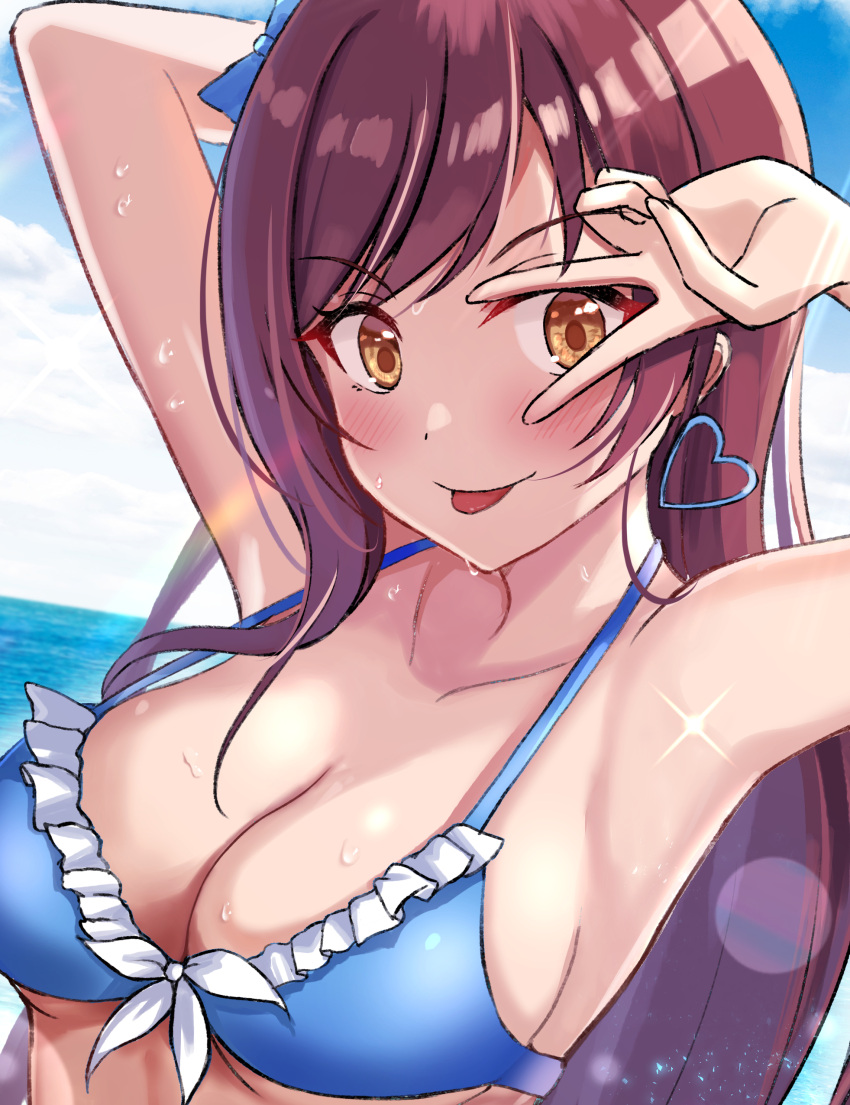 1girl absurdres arm_behind_head armpits arms_up bangs beach bikini blue_bikini blue_sky blush breasts cleavage closed_mouth cloud collarbone day earrings frilled_bikini frills front-tie_bikini front-tie_top heart heart_earrings highres horizon idolmaster idolmaster_shiny_colors jewelry long_hair looking_at_viewer medium_breasts ocean okutomi_fumi osaki_amana outdoors red_hair sky smile solo swept_bangs swimsuit tongue tongue_out v water wet yellow_eyes