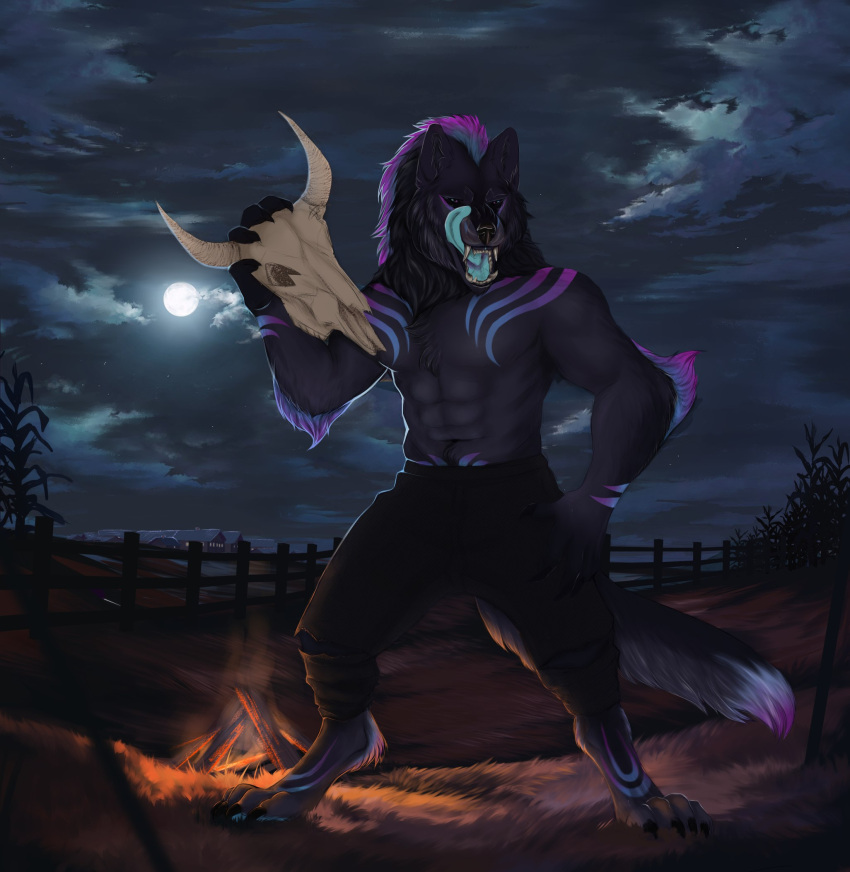 anthro blindrain blue_tongue bone campfire canid canine claws clothed clothing evil_grin fangs hi_res licking licking_lips logyn male mammal muscular muscular_male night outside partially_clothed pose shirtless skull smile solo standing tongue tongue_out were werecanid werecanine werewolf