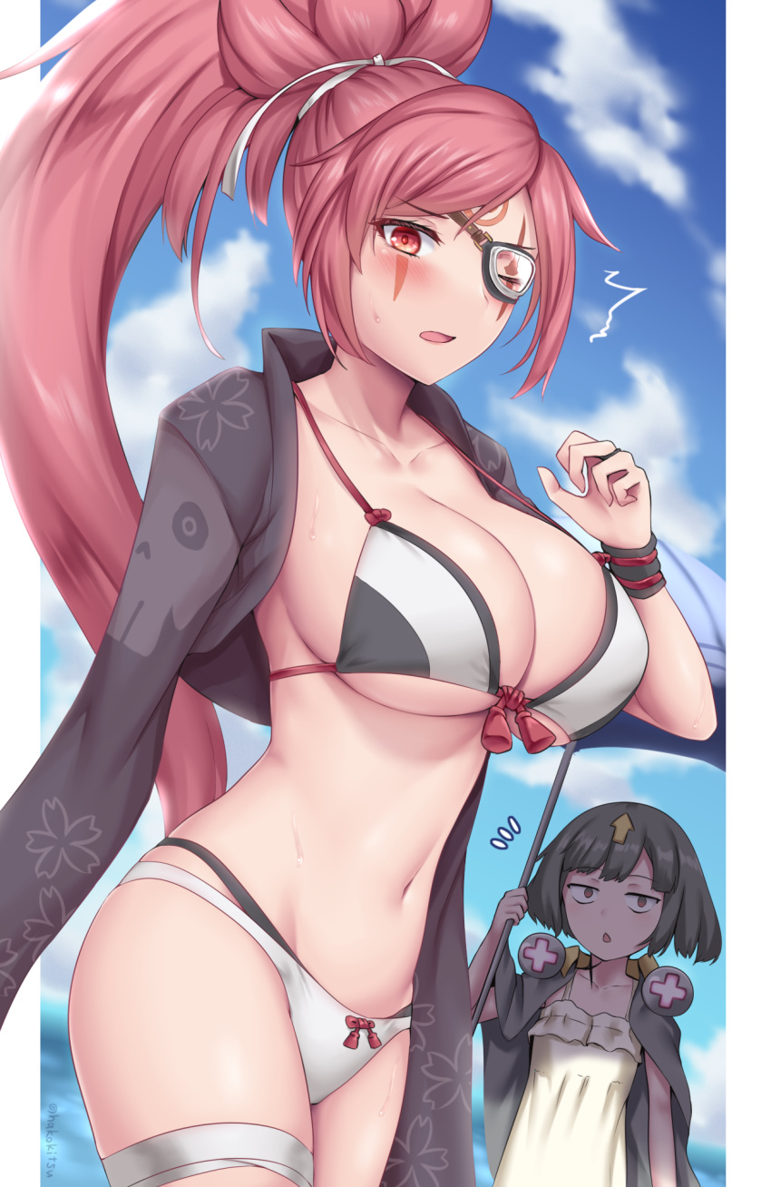 2girls ^^^ amputee arrow_(symbol) bags_under_eyes baiken bangs beach big_hair bikini black_cloak black_hair black_jumpsuit blue_sky blush bolt breasts cleavage cloak cloud commentary_request cowboy_shot cropped_jacket day delilah_(guilty_gear) dress eyepatch facial_mark facial_tattoo groin guilty_gear guilty_gear_strive hair_between_eyes hair_ribbon highres holding holding_umbrella jacket jumpsuit large_breasts layered_bikini long_hair long_sleeves looking_at_viewer multiple_girls navel notice_lines one-eyed open_clothes open_jacket open_mouth pink_hair ponytail print_jacket red_eyes ribbon scar scar_across_eye scar_on_face short_hair sidelocks skindentation sky soukitsu standing stomach sundress swimsuit tattoo thigh_strap umbrella underboob white_bikini white_dress