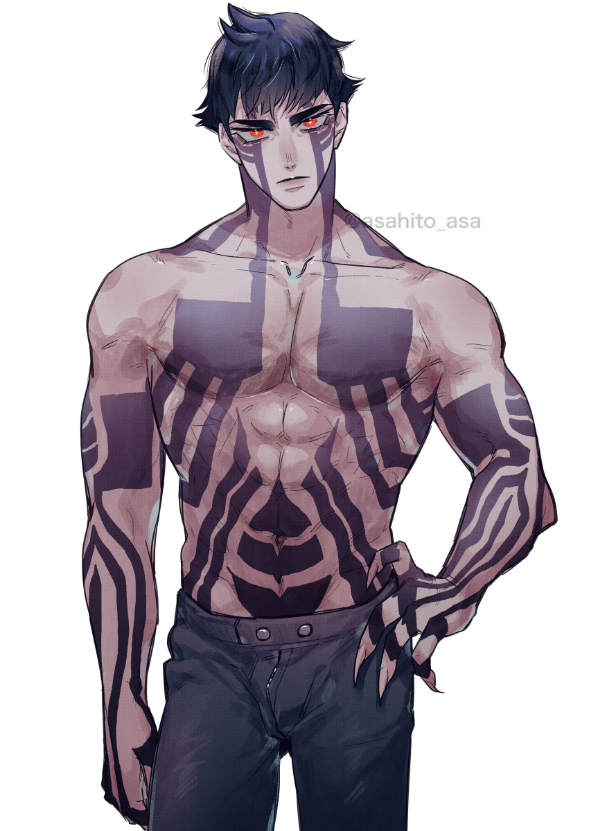 1boy absurdres asahito_asa black_hair full-body_tattoo highres hitoshura looking_at_viewer male_focus muscular muscular_male shin_megami_tensei shin_megami_tensei_iii:_nocturne short_hair shorts simple_background solo tattoo topless_male