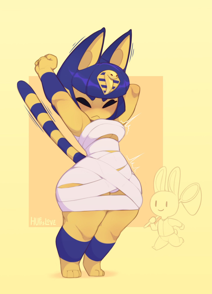 animal_crossing ankha_(animal_crossing) anthro breasts clothing egyptian_clothing eyes_closed felid feline female hands_behind_head hi_res huffslove lagomorph leporid mammal nintendo rabbit short_stack video_games