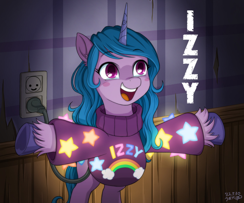 2022 blue_hair blue_tail blush clothing digital_media_(artwork) disney equid equine female feral fur glowing gravity_falls hair happy hasbro hooves horn inside izzy_moonbow_(mlp) lights mammal mlp_g5 my_little_pony open_mouth open_smile purple_body purple_eyes purple_fur smile solo sweater topwear unicorn uotapo