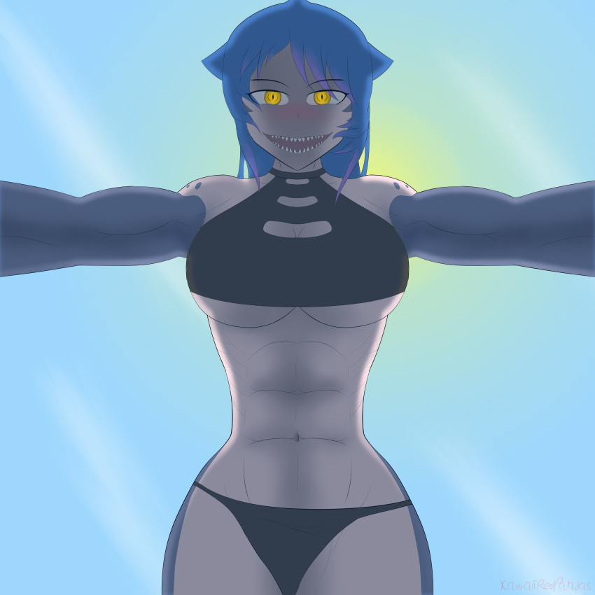 absurd_res animal_humanoid big_breasts blue_hair breasts clothing female first_person_view fish hair hi_res humanoid kawaiiredpandas mako marine marine_humanoid monster_girl_island multicolored_body muscular muscular_female pinned shark sharp_teeth solo swimwear teeth two_tone_body yellow_eyes