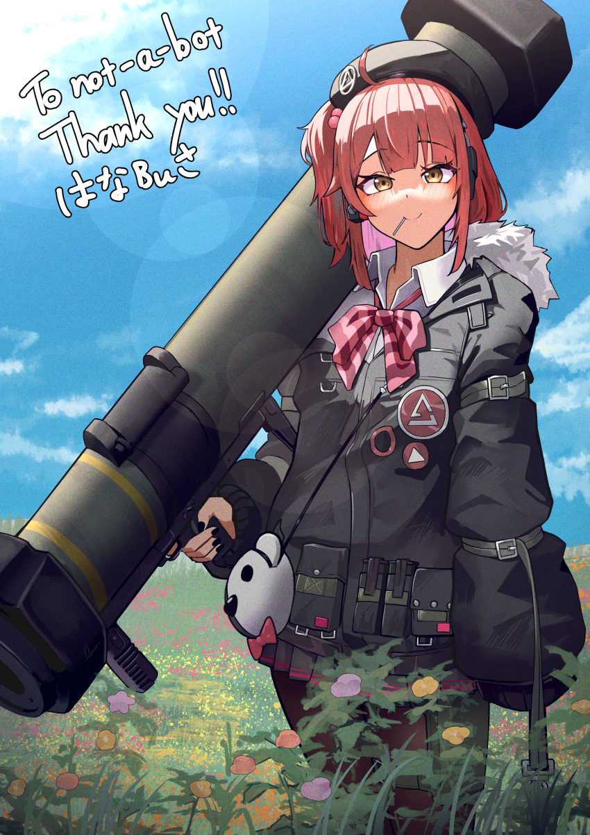 1girl absurdres blush candy commission cowboy_shot fgm-148_javelin food girls'_frontline hanabusaraleigh highres lollipop medium_hair mp7_(girls'_frontline) pantyhose red_hair ribbon skeb_commission smile solo yellow_eyes