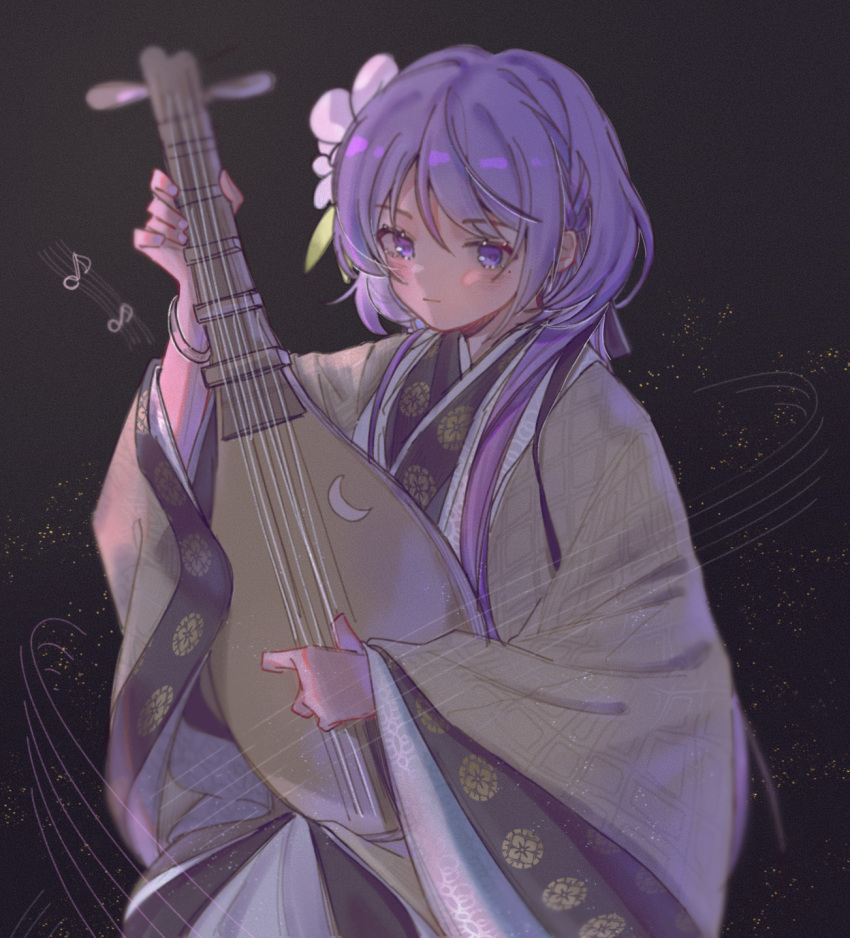 1girl :| blush closed_mouth cowboy_shot crescent eighth_note expressionless fingernails flower hair_flower hair_ornament highres holding holding_instrument instrument japanese_clothes kimono leaf long_hair long_sleeves looking_at_viewer lute_(instrument) mole mole_under_eye music musical_note playing_instrument purple_eyes purple_flower purple_hair solo taketorikyouko touhou tsukumo_benben two-tone_kimono very_long_hair white_kimono wide_sleeves yellow_kimono