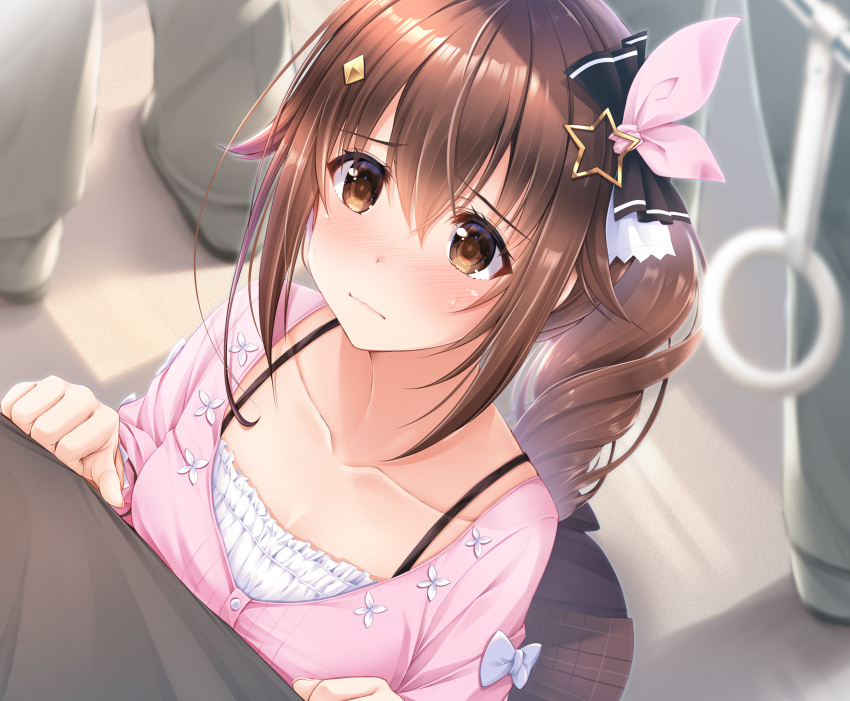 1girl absurdres blush brown_eyes brown_hair brown_skirt camisole closed_mouth diamond_hair_ornament embarrassed frilled_camisole frills furrowed_brow hair_between_eyes hair_flaps hair_ornament hair_ribbon hairclip highres hololive kamishiro_mai_(capti-no) long_hair long_sleeves looking_at_another pink_ribbon pink_shirt plaid plaid_skirt pleated_skirt ribbon shirt side_ponytail skirt solo_focus star_(symbol) star_hair_ornament subway tokino_sora train_interior virtual_youtuber wavy_hair white_camisole