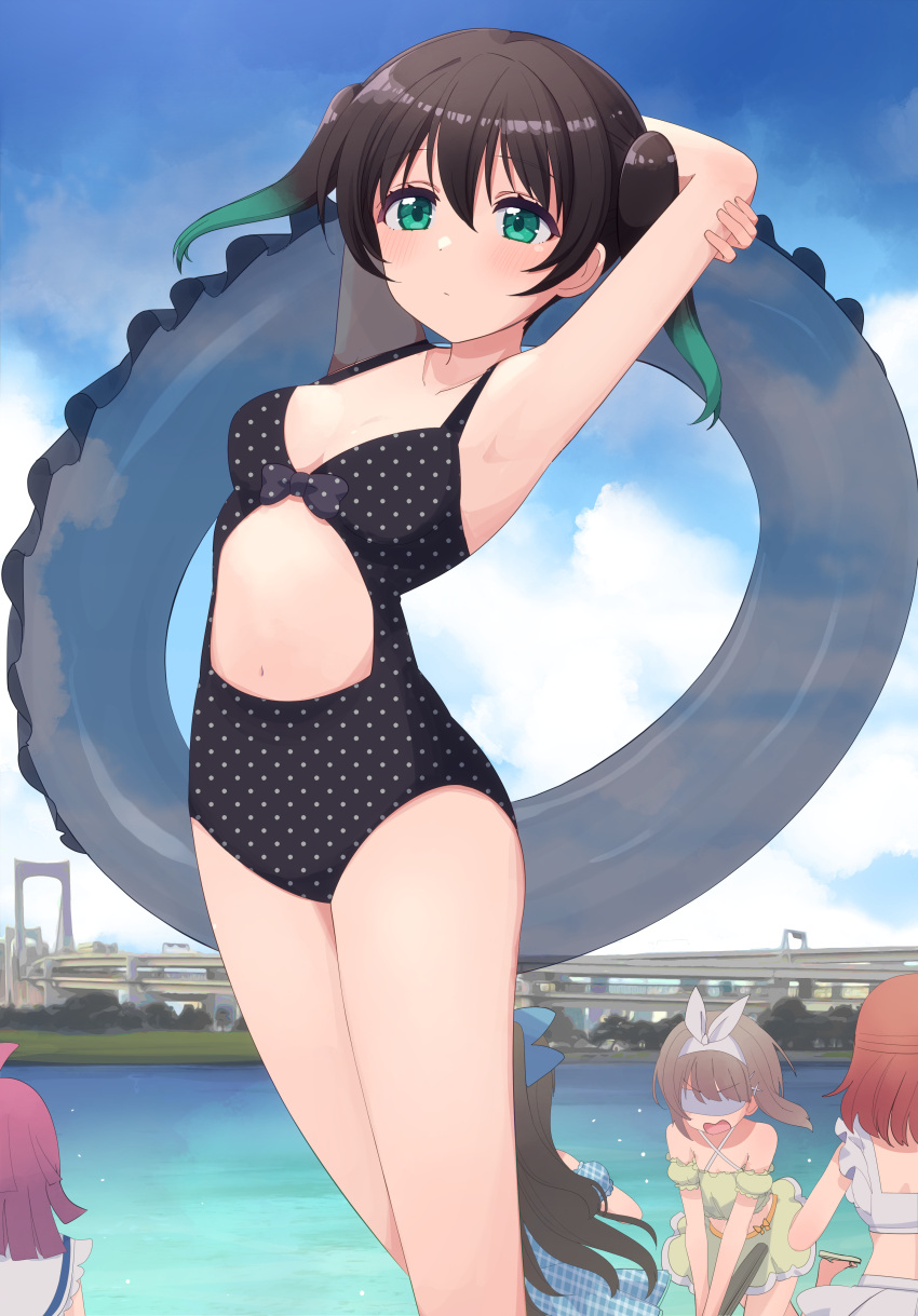 4girls absurdres armpits arms_behind_back arms_up black_hair black_swimsuit blush breasts clothing_cutout cream_(nipakupa) dot_mouth feet_out_of_frame gradient_hair green_eyes green_hair highres holding holding_innertube innertube looking_at_viewer love_live! love_live!_nijigasaki_high_school_idol_club medium_hair multicolored_hair multiple_girls navel navel_cutout one-piece_swimsuit polka_dot polka_dot_swimsuit small_breasts solo_focus swimsuit takasaki_yuu two-tone_hair