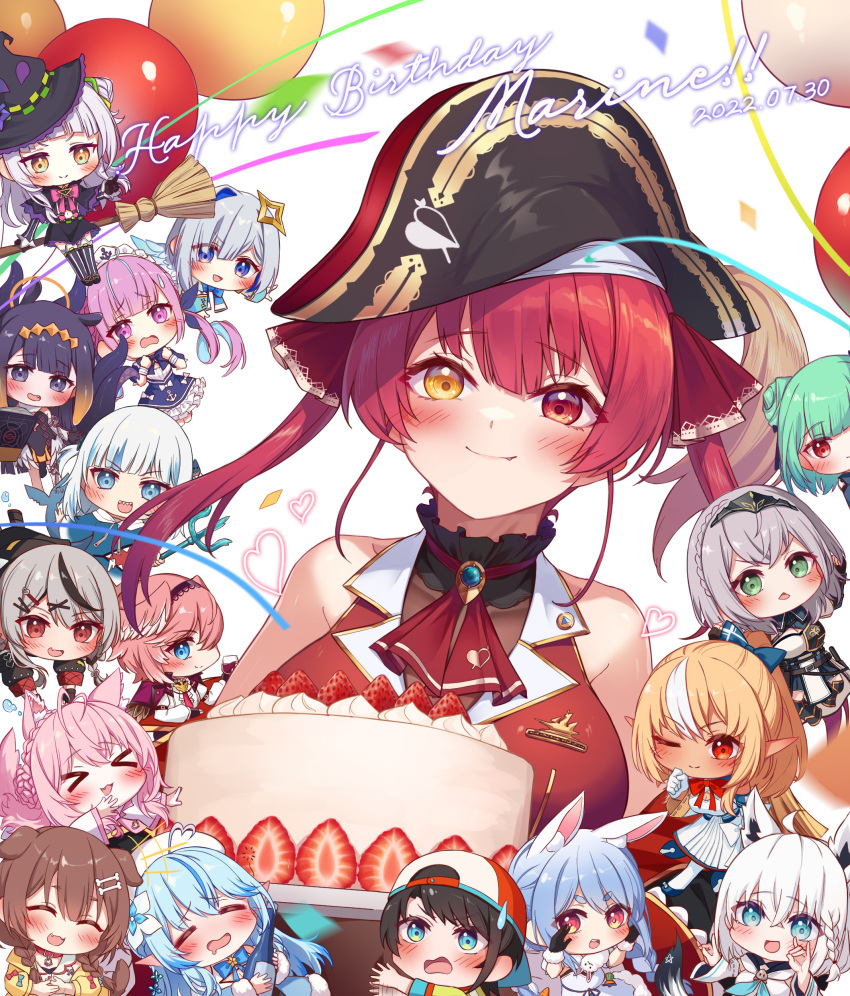 &gt;_&lt; 6+girls :d absurdres ahoge amane_kanata angel_wings animal_ear_fluff animal_ears ao-chan_(ninomae_ina'nis) ascot backwards_hat balloon bangs bare_shoulders baseball_cap black_hair black_headwear blue_eyes blue_hair blush bone_hair_ornament bottle braid broom broom_riding cake character_name closed_eyes closed_mouth colored_inner_hair crossed_bangs crown_braid dated dog_ears dog_tail don-chan_(usada_pekora) drill_hair drooling fish_tail food fox_ears fox_shadow_puppet gawr_gura green_eyes green_hair grey_hair hair_ornament hair_ribbon hakui_koyori halo happy_birthday hat head_wings heart heart_ahoge heterochromia highres holding holding_bottle holding_polearm holding_weapon hololive houshou_marine inugami_korone long_hair minato_aqua minigirl mouth_drool multicolored_hair multiple_girls murasaki_shion ninomae_ina'nis oozora_subaru open_mouth pink_hair pirate_hat pointy_ears polearm purple_eyes purple_hair rabbit_ears red_ascot red_eyes red_hair red_ribbon ribbon sakamata_chloe shark_tail shirakami_fubuki shiranui_flare shirogane_noel simple_background smile strawberry_cake streaked_hair tail takane_lui tang-du tentacles trident twin_braids twintails two_side_up uruha_rushia usada_pekora virtual_youtuber weapon white_background white_hair wings witch_hat x_hair_ornament xd yellow_eyes yukihana_lamy