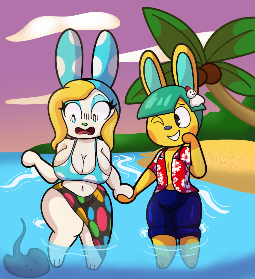 2022 4k absurd_res accessory aloha_shirt animal_crossing anthro batoid beach big_breasts bikini blonde_hair blue_eyes breast_squish breasts cleavage clothed clothing curvaceous curvy_figure detailed_background digital_drawing_(artwork) digital_media_(artwork) duo eyelashes eyeshadow feet female fish francine_(animal_crossing) fur hair hair_accessory hairclip hand_holding hi_res hourglass_figure lagomorph leporid long_ears makeup male male/female mammal marine navel nintendo one_eye_closed open_mouth outside pattern_clothing pattern_shirt pattern_topwear rabbit sarong sea seaside shirt short_hair side_boob simple_eyes smile someth1ngoranother squish stingray swimwear teal_hair thick_thighs toby_(animal_crossing) topwear video_games voluptuous water white_body white_fur wide_hips yellow_body yellow_fur