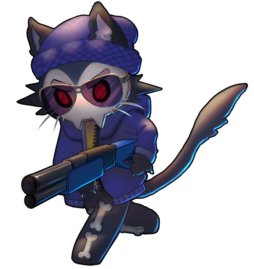 anthro beanie black_body black_fur blue_beanie blue_clothing blue_hoodie blue_topwear clothing eyewear fur gabbybites gun hat headgear headwear hi_res hoodie male ranged_weapon red_eyes shirt shotgun skullcat_(sar) solo sunglasses super_animal_royale topwear weapon whiskers yellow_clothing yellow_shirt yellow_topwear