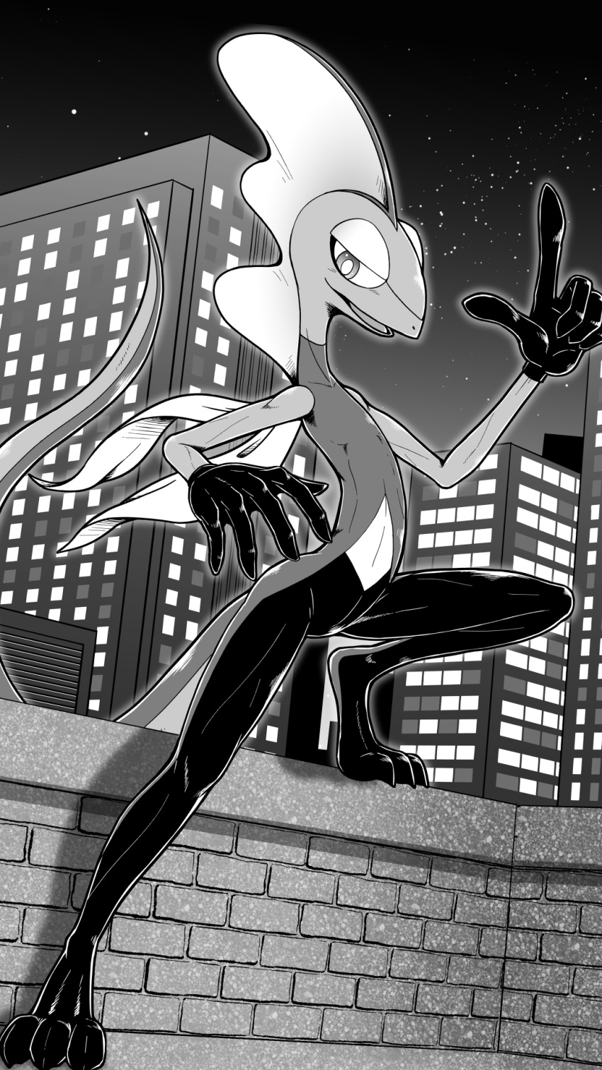 anthro black_and_white black_body brick_wall city city_background detailed_background digital_media_(artwork) feet foot_on_wall frill_(anatomy) gesture head_crest head_frill hi_res inteleon lizard lizard_tail long_fingers looking_at_viewer male monochrome night ninja_fiction nintendo open_mouth outside pointing pointing_up pok&eacute;mon pok&eacute;mon_(species) reptile rooftop scalie sky skyscraper slim solo star starry_sky tall toned_legs vent video_games wall_(structure) window