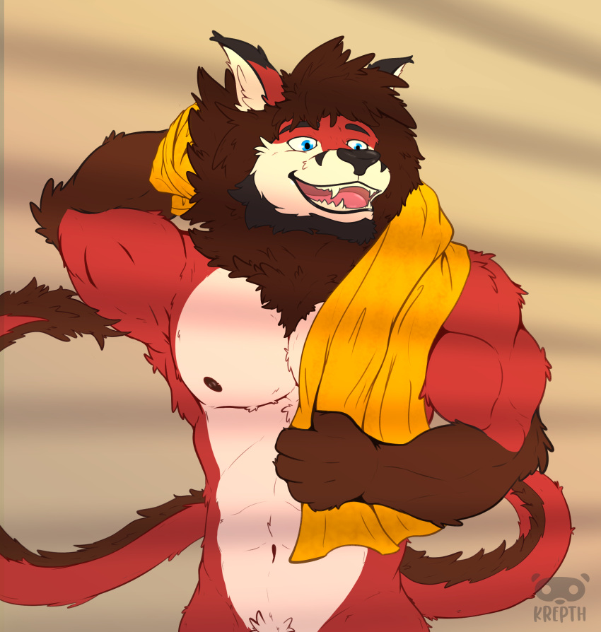 absurd_res after_bath anthro blue_eyes brown_hair canid canine dragon dragon_tail drying felid flat_colors fox hair hi_res hybrid krepht lion looking_down male male/male mammal mane mane_hair muscular nipples pantherine red_body relaxing smile solo towel towel_only
