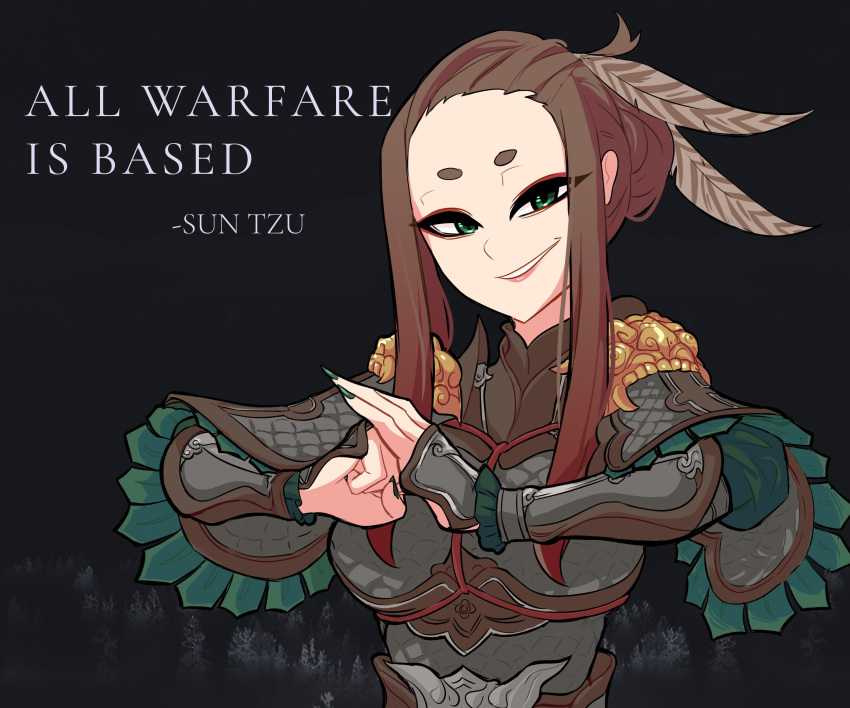 1girl absurdres armor bangs black_background breastplate breasts brown_hair centurii-chan_(artist) commentary english_commentary english_text eyeshadow feather_hair_ornament feathers fingernails green_eyes green_nails hair_ornament highres hikimayu long_fingernails long_hair long_sleeves looking_at_viewer makeup open_mouth original own_hands_together red_eyeshadow sharp_fingernails short_hair shoulder_armor sidelocks simple_background smile solo sun_tzu swept_bangs