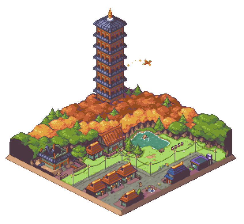 absurdres city dewndeym english_commentary highres ho-oh house outdoors pixel_art pokemon pokemon_(creature) pokemon_(game) pokemon_hgss pond simple_background tower tree white_background