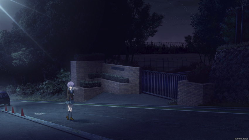 1girl bangs blue_sailor_collar blue_skirt breath brown_cardigan brown_footwear brown_hair bush car cardigan crossed_arms dmitrybhl gate glasses grass ground_vehicle highres kita_high_school_uniform loafers long_sleeves manhole motor_vehicle nagato_yuki night night_sky open_cardigan open_clothes outdoors purple_hair road sailor_collar scenery school_uniform serafuku shadow shoes short_hair skirt sky solo street suzumiya_haruhi_no_shoushitsu suzumiya_haruhi_no_yuuutsu traffic_cone tree walking wide_shot