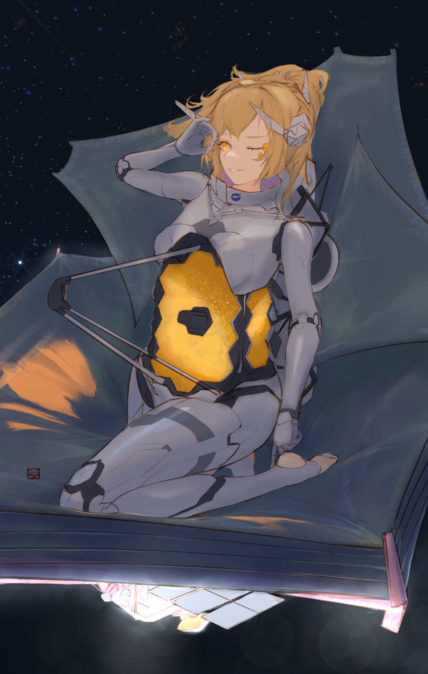 1girl absurdres adjusting_hair blonde_hair english_commentary hexagon highres james_webb_space_telescope joints looking_at_viewer mecha_musume mithiril nasa nasa_logo one_eye_closed original parted_lips personification real_life robot_joints satellite solo space spacecraft stirrup_legwear telescope toeless_legwear yellow_eyes