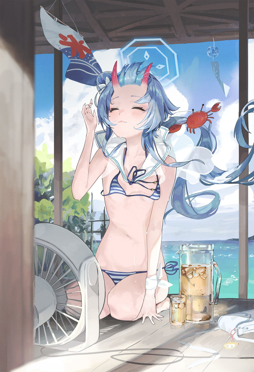 1girl bag bag_removed bikini black_ribbon blue_archive blue_hair blue_halo chise_(swimsuit)_(blue_archive) closed_eyes closed_mouth cloud commentary_request crab day electric_fan hand_up highres horns lemonade light_blush long_hair neck_ribbon ocean oni_horns red_horns ribbon sailor_collar serie_niai shoulder_bag sitting solo striped striped_bikini sweat swimsuit tree very_long_hair white_sailor_collar wind_chime