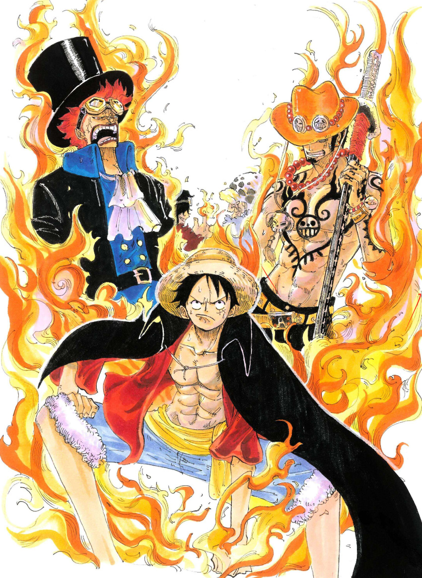 absurdres ascot black_coat black_hair clenched_hand clenched_teeth coat coat_on_shoulders cosplay costume_switch eustass_captain_kid eustass_captain_kid_(cosplay) fengcheche fire gear_second gloves hat highres holding holding_sword holding_weapon monkey_d._luffy muscular muscular_male one_piece open_clothes open_coat open_shirt portgas_d._ace portgas_d._ace_(cosplay) red_hair red_shirt sabo_(one_piece) sabo_(one_piece)_(cosplay) scowl sheath sheathed shirt shorts straw_hat sword tattoo teeth top_hat topless_male trafalgar_law trafalgar_law_(cosplay) weapon white_background