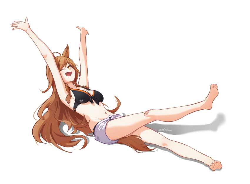 1girl ;d ahoge animal_ears arknights armpits arms_up bandaid bandaid_on_knee bandaid_on_leg bangs bare_legs barefoot bikini black_bikini braid breasts brown_eyes brown_hair ceobe_(arknights) chinese_commentary commentary_request dog_ears front-tie_bikini front-tie_top highres long_hair looking_at_viewer medium_breasts navel one_eye_closed open_mouth reclining shadow short_shorts shorts simple_background smile solo stomach swimsuit thighs twin_braids udon_wudong very_long_hair white_background white_shorts