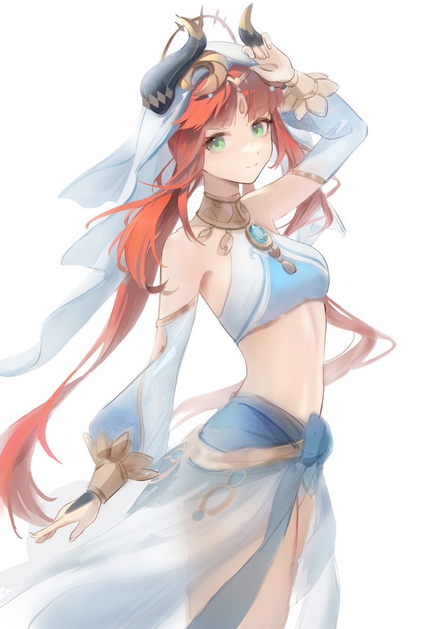 1girl absurdres arm_up bangs bare_shoulders bilibilida brooch closed_mouth cowboy_shot crop_top detached_sleeves genshin_impact green_eyes hand_on_own_head harem_outfit highres horns jewelry long_hair looking_at_viewer midriff navel nilou_(genshin_impact) parted_bangs red_hair see-through shirt simple_background sleeveless sleeveless_shirt smile solo standing stomach thighs veil very_long_hair white_background