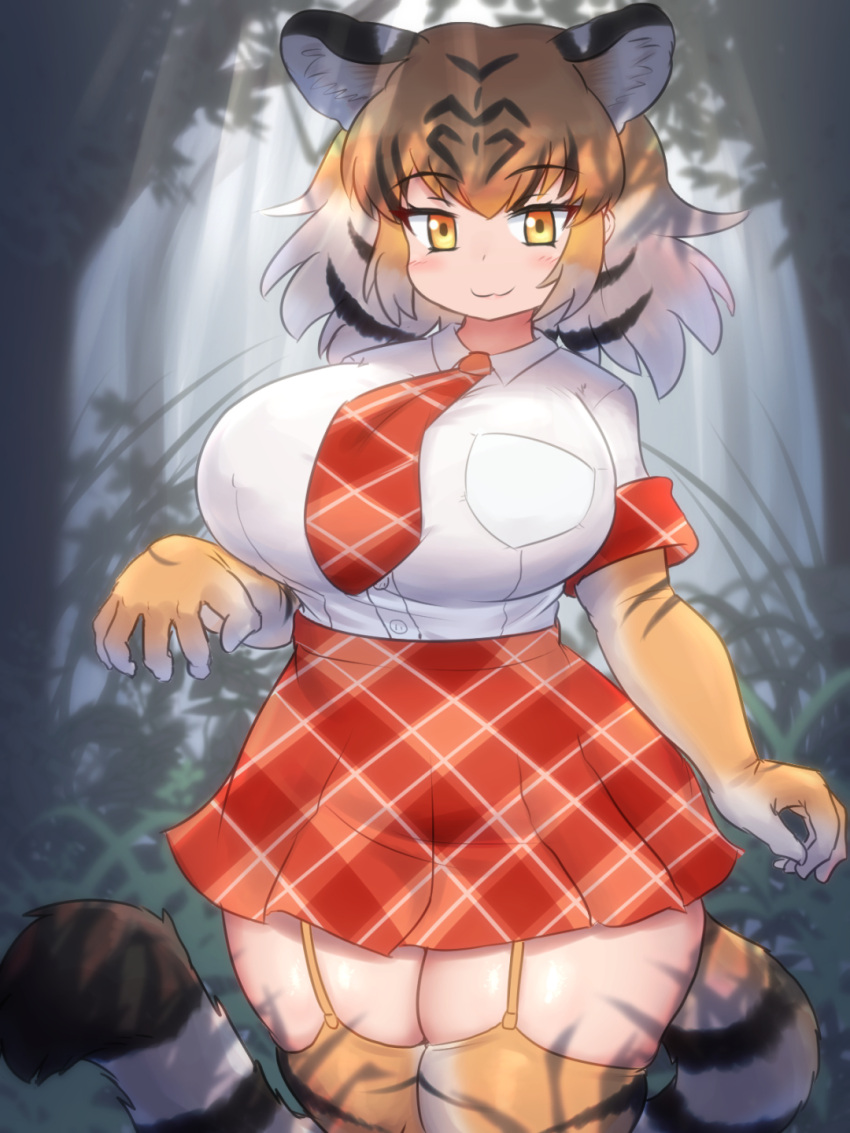 5_fingers :3 animal_humanoid bengal_tiger_(kemono_friends) big_breasts black_body black_ears black_fur black_hair black_pupils black_stripes black_tail blonde_hair blush bottomwear breasts clothed clothing colored countershade_arms countershade_tail countershading curvy_figure day detailed_background digital_media_(artwork) dipstick_tail eyelashes felid felid_humanoid female fingers fluffy fluffy_tail forest front_view fully_clothed fur garter_straps glistening glistening_body glistening_skin hair hi_res huge_breasts humanoid humanoid_hands inner_ear_fluff kemono_friends legwear light light_beam light_body light_skin lighting looking_at_viewer mammal mammal_humanoid markings mo23 multicolored_body multicolored_ears multicolored_fur multicolored_hair multicolored_tail necktie outside pantherine pantherine_humanoid pattern_bottomwear pattern_clothing pattern_legwear pattern_skirt pattern_stockings pattern_thigh_highs plaid plaid_bottomwear plaid_clothing plaid_skirt plant pockets portrait pupils red_necktie ring_(marking) ringtail shaded shirt shirt_pocket shrub skindentation skirt smile solo standing stockings striped_clothing striped_hair striped_legwear striped_stockings striped_thigh_highs stripes sunbeam sunlight tail_markings thick_thighs thigh_highs three-quarter_portrait tiger_humanoid topwear tree tuft two_tone_ears voluptuous white_body white_clothing white_countershading white_ears white_fur white_hair white_inner_ear white_inner_ear_fluff white_shirt white_tail white_topwear wide_hips yellow_body yellow_clothing yellow_eyes yellow_fur yellow_legwear yellow_stockings yellow_tail yellow_thigh_highs