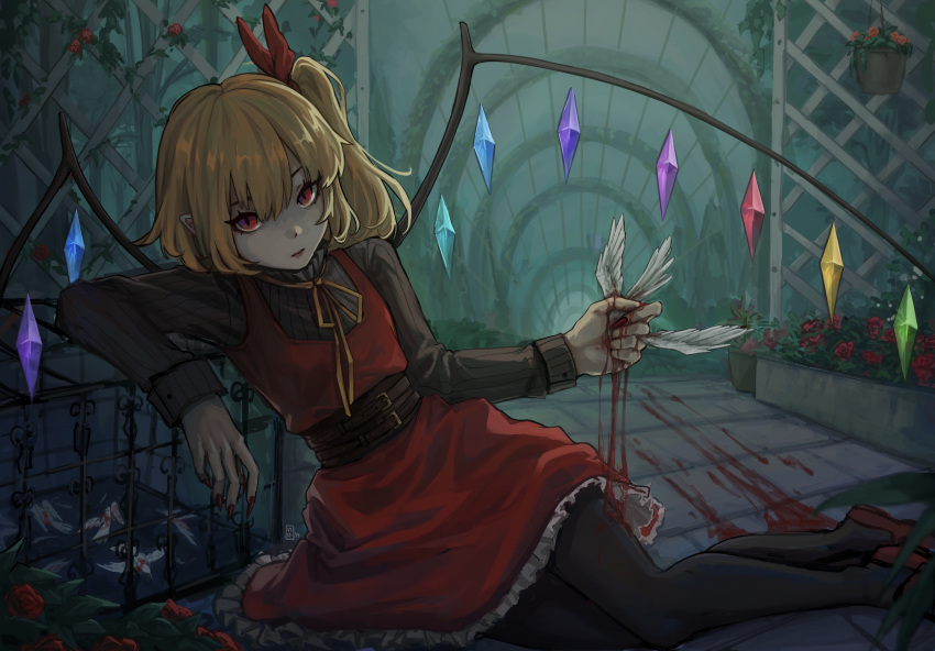 1girl absurdres adapted_costume bird black_pantyhose blonde_hair blood blood_on_hands crushing crystal dead_animal death dress fingernails flandre_scarlet flower frilled_skirt frills full_body full_of_energy guro hair_between_eyes highres long_sleeves looking_at_viewer multicolored_wings nail_polish neck_ribbon no_hat no_headwear one_side_up pantyhose pointy_ears reclining red_dress red_eyes red_flower red_footwear red_nails red_ribbon red_rose red_skirt red_vest ribbon rose sharp_fingernails shirt sitting skirt skirt_set slit_pupils solo striped striped_shirt touhou vest wings yellow_ribbon yokozuwari