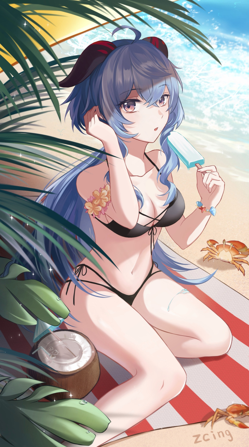 1girl absurdres ahoge artist_name bangs beach bikini black_bikini blue_hair breasts cleavage coconut collarbone crab food fruit_cup ganyu_(genshin_impact) genshin_impact highres horns long_hair looking_at_viewer medium_breasts navel parted_lips popsicle purple_eyes sidelocks sitting solo swimsuit yokozuwari zcing