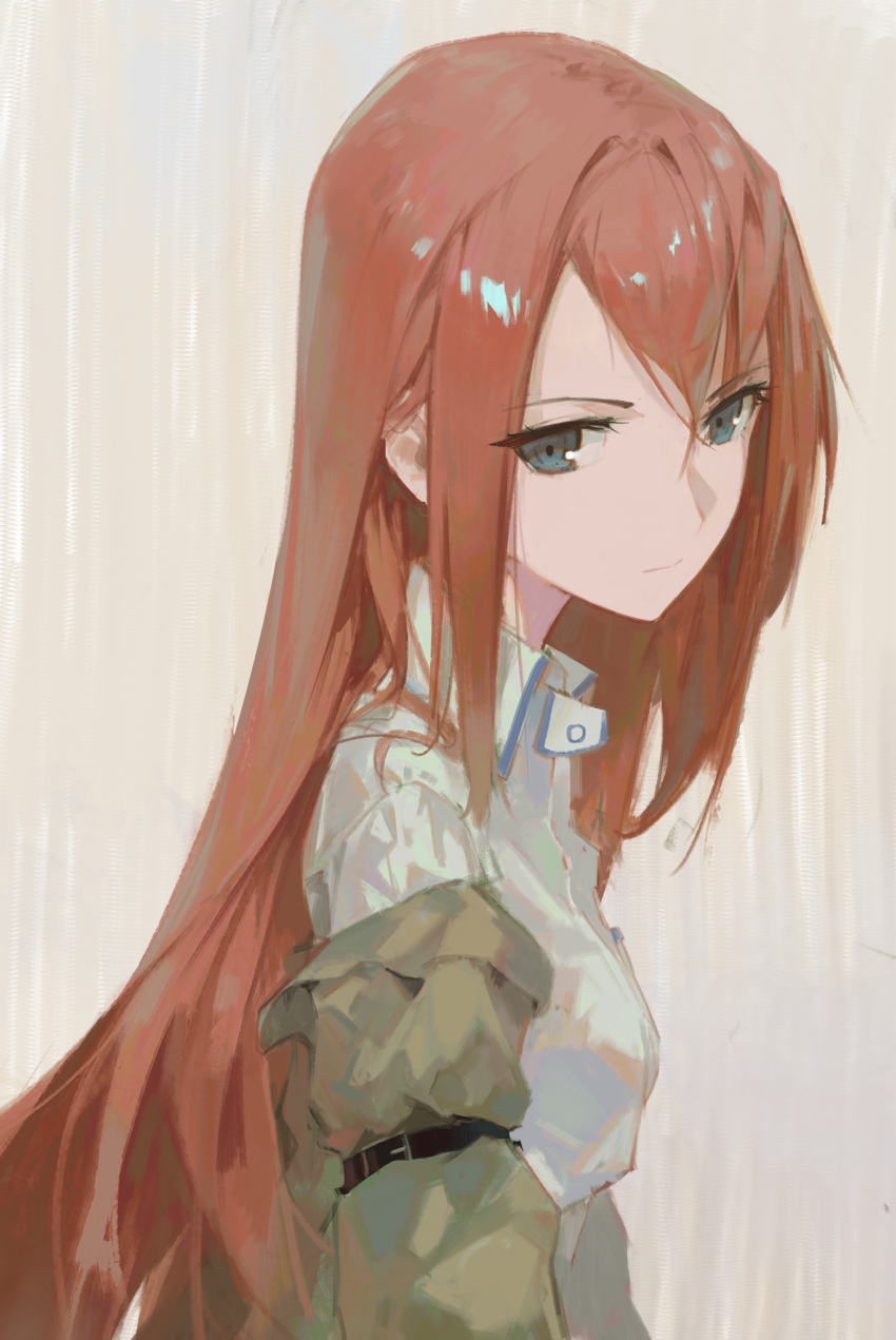1girl arm_strap blue_eyes breasts brown_jacket closed_mouth collared_shirt commentary dino_(dinoartforame) expressionless from_side hair_between_eyes hair_intakes highres jacket long_hair looking_at_viewer makise_kurisu off_shoulder open_clothes open_jacket red_hair shirt small_breasts solo steins;gate straight_hair upper_body white_shirt wing_collar