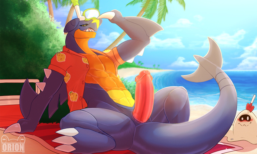 absurd_res anthro beach bottomless bottomless_male clothed clothing feral garchomp genitals hi_res humanoid male nintendo nude orionsmaniac_(artist) penis pok&eacute;mon pok&eacute;mon_(species) pok&eacute;mon_unite public sandygast seaside shiny_pok&eacute;mon shirt shirt_only slit snorkel solo topwear topwear_only video_games