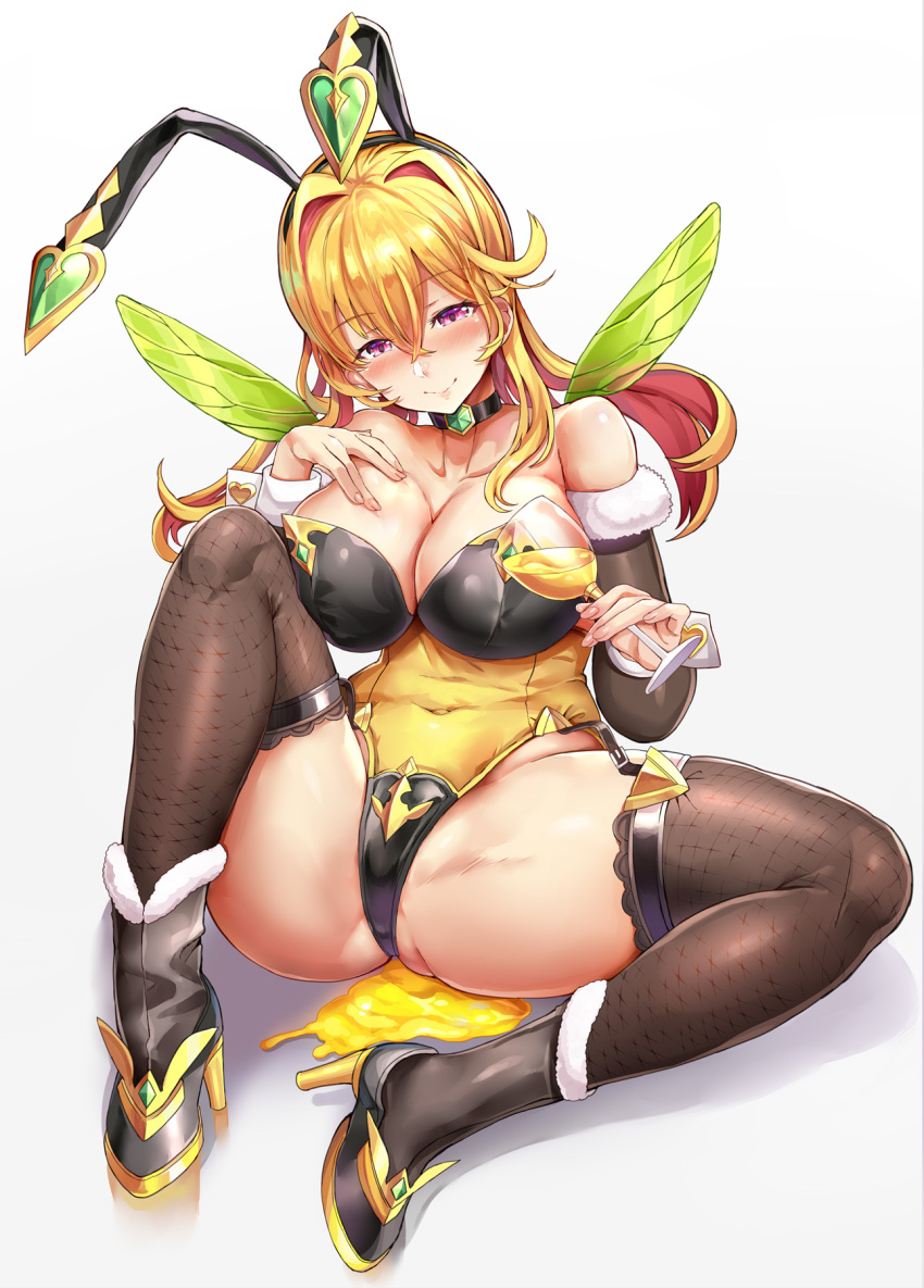 1girl animal_ears ass bare_shoulders blonde_hair blush boots breasts cleavage closed_mouth commentary covered_navel cup detached_sleeves fake_animal_ears fur_trim garter_straps glass hair_between_eyes high_heel_boots high_heels highleg highleg_leotard highres himuro_shunsuke holding honey large_breasts leotard long_hair looking_at_viewer multicolored_hair original pink_eyes playboy_bunny red_hair shadow simple_background smile solo spread_legs thick_thighs thighhighs thighs two-tone_hair white_background wings wrist_cuffs yellow_leotard