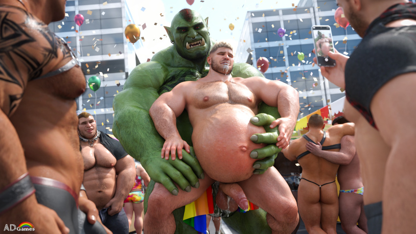 16:9 3d_(artwork) abdominal_bulge ad-games anal anal_penetration belly_inflation bodily_fluids cum digital_media_(artwork) flag genital_fluids genitals green_body green_skin group hi_res holding_flag holding_object human humanoid inflation leaking_cum lgbt_history_month lgbt_pride male male/male mammal nipples orc penetration penis phone phone_screen pride_color_flag pride_colors rainbow rainbow_arch rainbow_pride_colors six-stripe_rainbow_pride_colors vein veiny_muscles wearing_flag widescreen