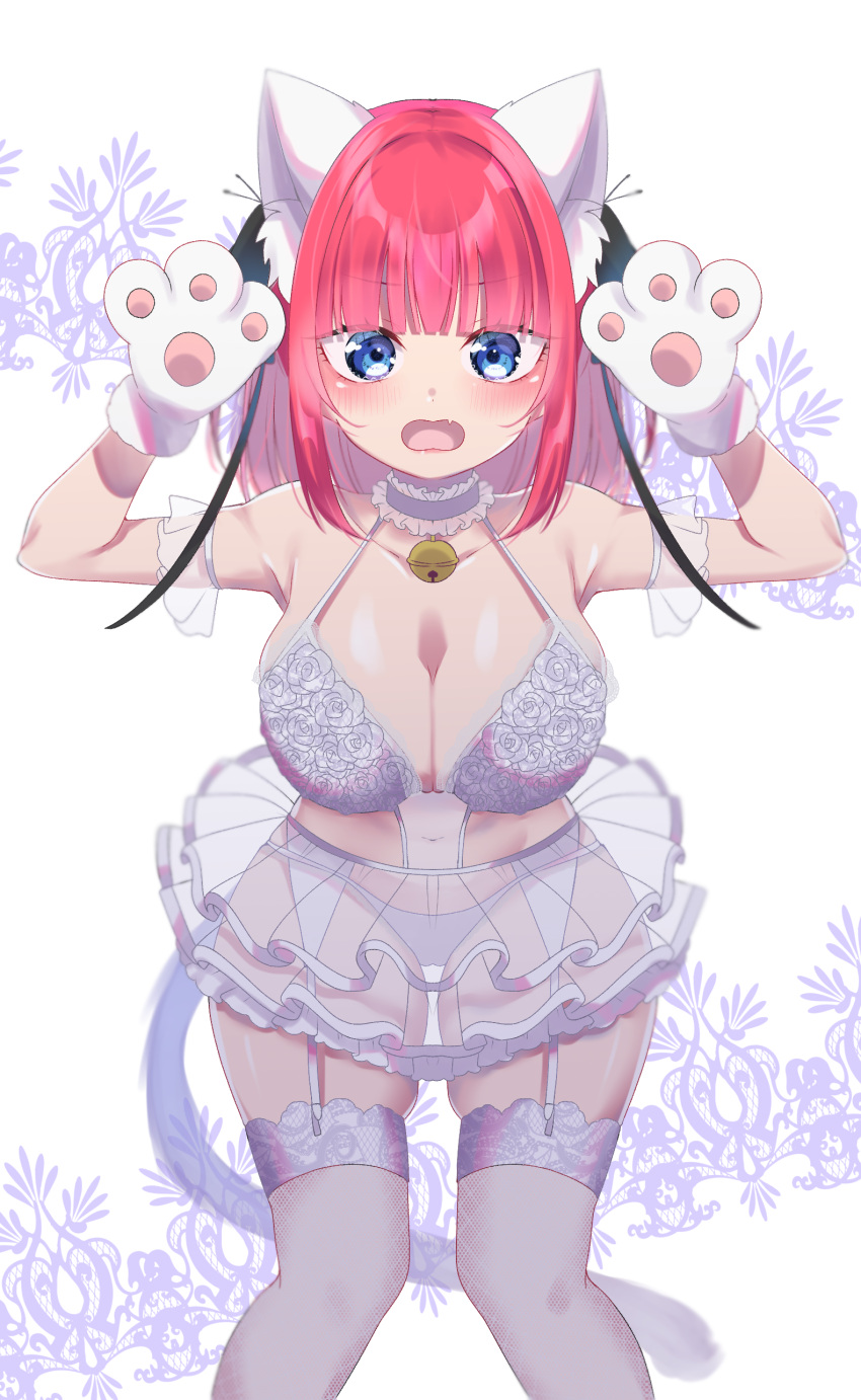 1girl absurdres animal_ears animal_hands armpits bangs bell black_ribbon blue_eyes blunt_bangs blush bra breasts butterfly_hair_ornament cat_ears cat_paws cat_tail choker cleavage collarbone floral_print gao garter_belt garter_straps go-toubun_no_hanayome hair_ornament highres large_breasts looking_at_viewer nakano_nino neck_bell open_mouth panties pink_hair ribbon rinne_(mizunosato) see-through see-through_skirt simple_background skindentation skirt tail thick_thighs thighhighs thighs twintails underwear v-shaped_eyebrows white_bra white_choker white_panties