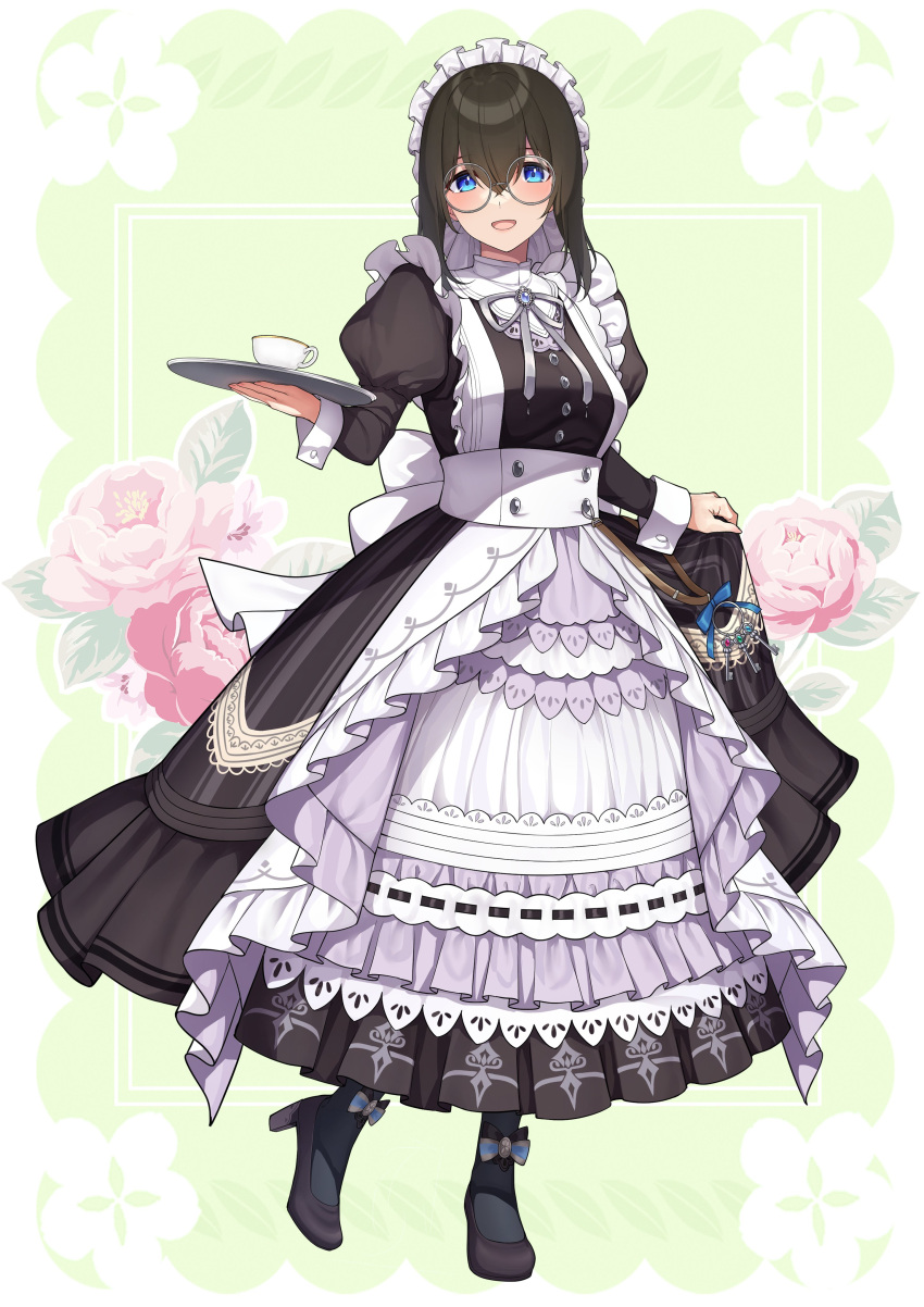 1girl absurdres alternate_costume aqua_eyes bespectacled black_hair blush cup dress enmaided floral_background full_body glasses go-1 high_heels highres holding holding_tray idolmaster idolmaster_cinderella_girls juliet_sleeves keyring layered_dress long_sleeves looking_at_viewer maid maid_headdress neck_ribbon pinafore_dress puffy_sleeves ribbon sagisawa_fumika skirt_hold smile solo teacup tray