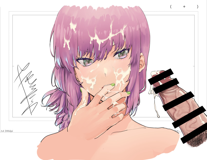 1boy 1girl absurdres bar_censor censored collarbone cum cum_on_hair cum_on_hands cum_string cumdrip erection eyelashes eyeshadow facial fate/grand_order fate_(series) fingernails florence_nightingale_(fate) green_eyes green_nails hair_between_eyes highres long_hair makeup male_pubic_hair mik_yanase multicolored_eyes parted_lips penis pink_eyeshadow pubic_hair purple_hair signature sketch solo_focus teeth upper_teeth veins veiny_penis