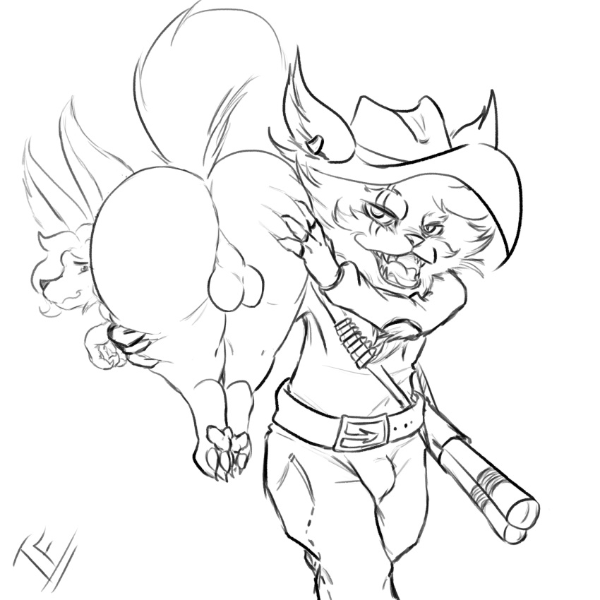 anthro balls big_butt bulge butt canid canine clothing cowboy_hat cowboy_outfit duo ear_piercing ear_ring fennec fennephilim_fox fox genitals gun hand_on_butt hat headgear headwear hi_res holding_butt kled_(lol) league_of_legends line_art looking_at_viewer looking_back male mammal open_mouth pawpads piercing ranged_weapon ring_piercing riot_games shoulder_grab tagger_fox video_games weapon yordle