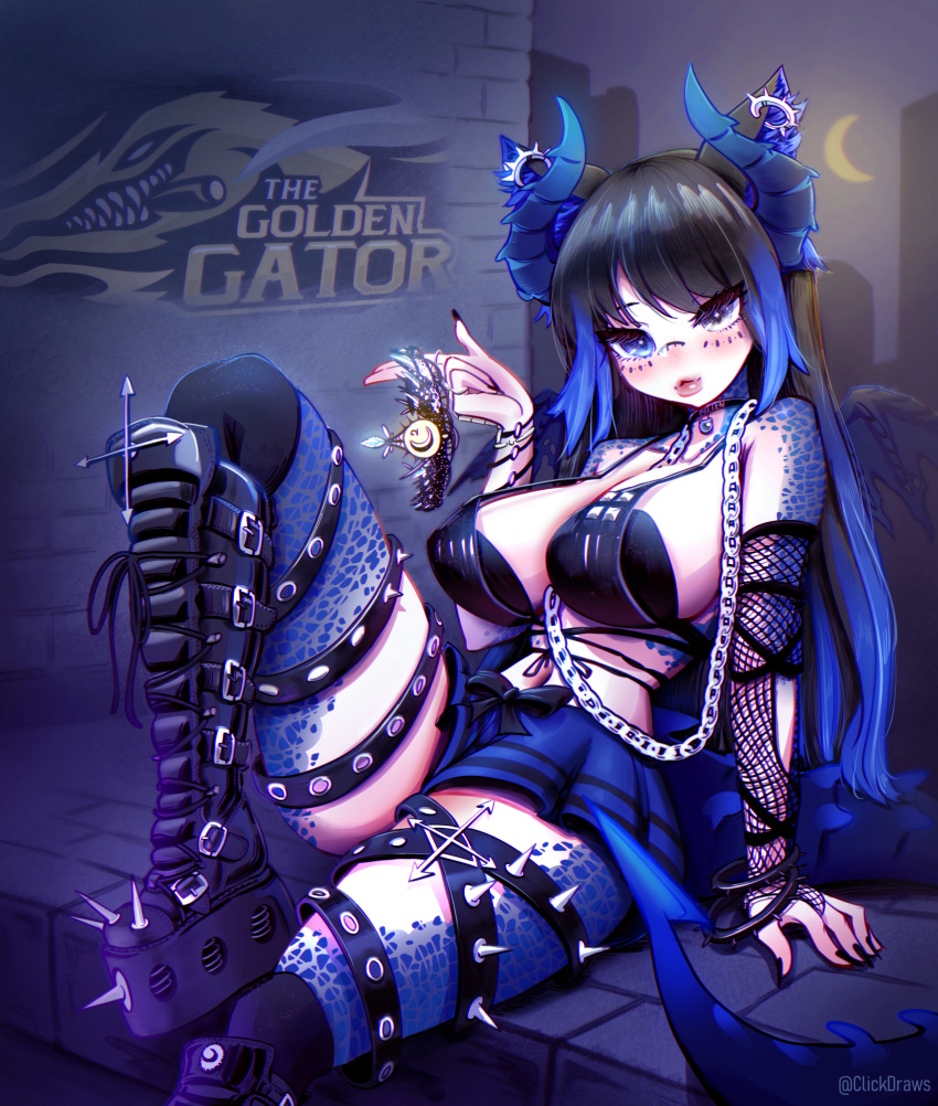 animal_ears bad_source blue_hair boots bra breasts clickdraws crown dragon_girl dragon_horns goth_girl gothic highres horns large_breasts scales sitting skirt spikes tail thighhighs underwear virtual_youtuber
