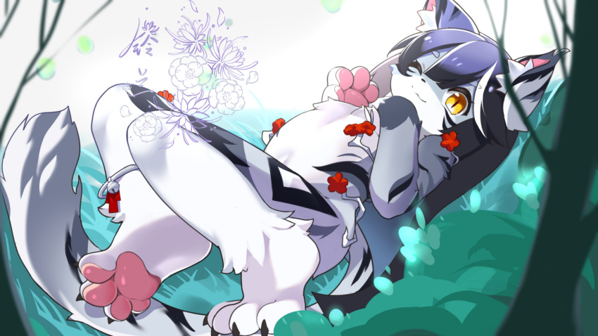 4_fingers 4_toes ankle_ring anthro bell black_hair claws domestic_cat feet felid feline felis fingers flat_chested forest forest_background hair hi_res inner_ear_fluff kemono mammal nature nature_background pawpads plant pupils sakurami_ruruko slit_pupils solo toe_claws toes tree tuft young