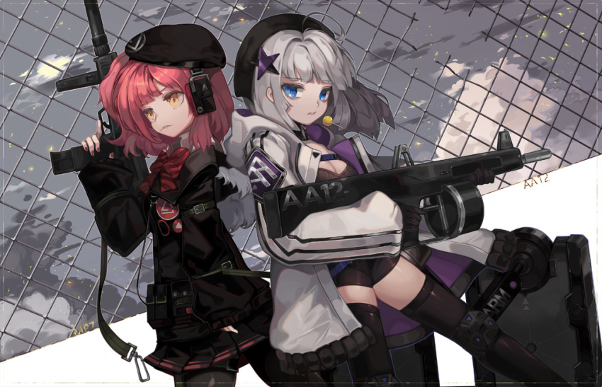 2girls aa-12_(girls'_frontline) ahoge bangs beret black_gloves black_headwear black_pantyhose black_skirt black_thighhighs blue_eyes blunt_bangs bow candy chain-link_fence character_name cloud cloudy_sky coat fence fingernails food fur-trimmed_hood fur_trim girls'_frontline gloves grey_coat grey_hair gun hair_ornament hat headphones holding holding_gun holding_weapon hood hood_down hooded_coat lollipop long_hair looking_at_viewer medium_hair mouth_hold mp7_(girls'_frontline) multicolored_coat multiple_girls open_mouth outdoors pantyhose parted_lips pink_hair pla4neta pouch purple_coat purple_nails side_ponytail skirt sky sleeves_past_wrists striped striped_bow teeth thighhighs two-tone_coat weapon yellow_eyes zipper zipper_pull_tab